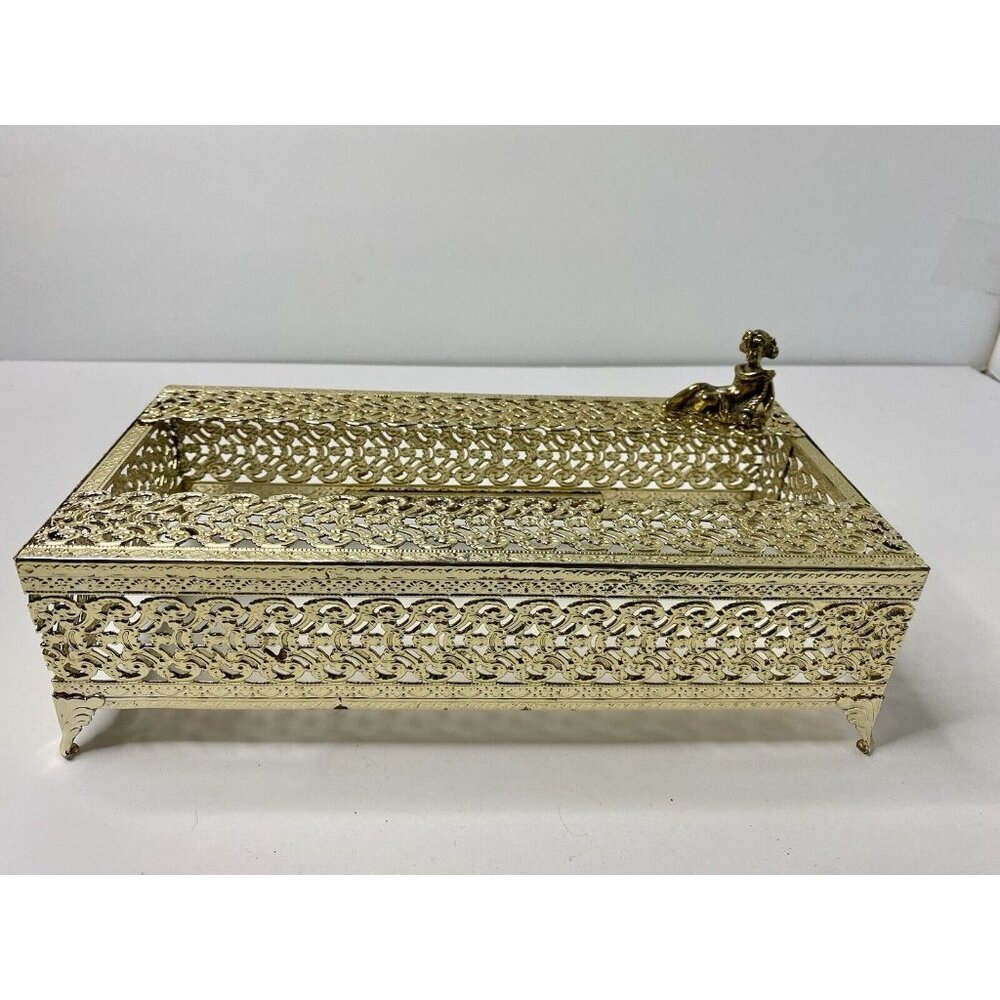 Gold Tone Filigree Metal Tissue Box Holder Cover Cherub Vintage Home Decor